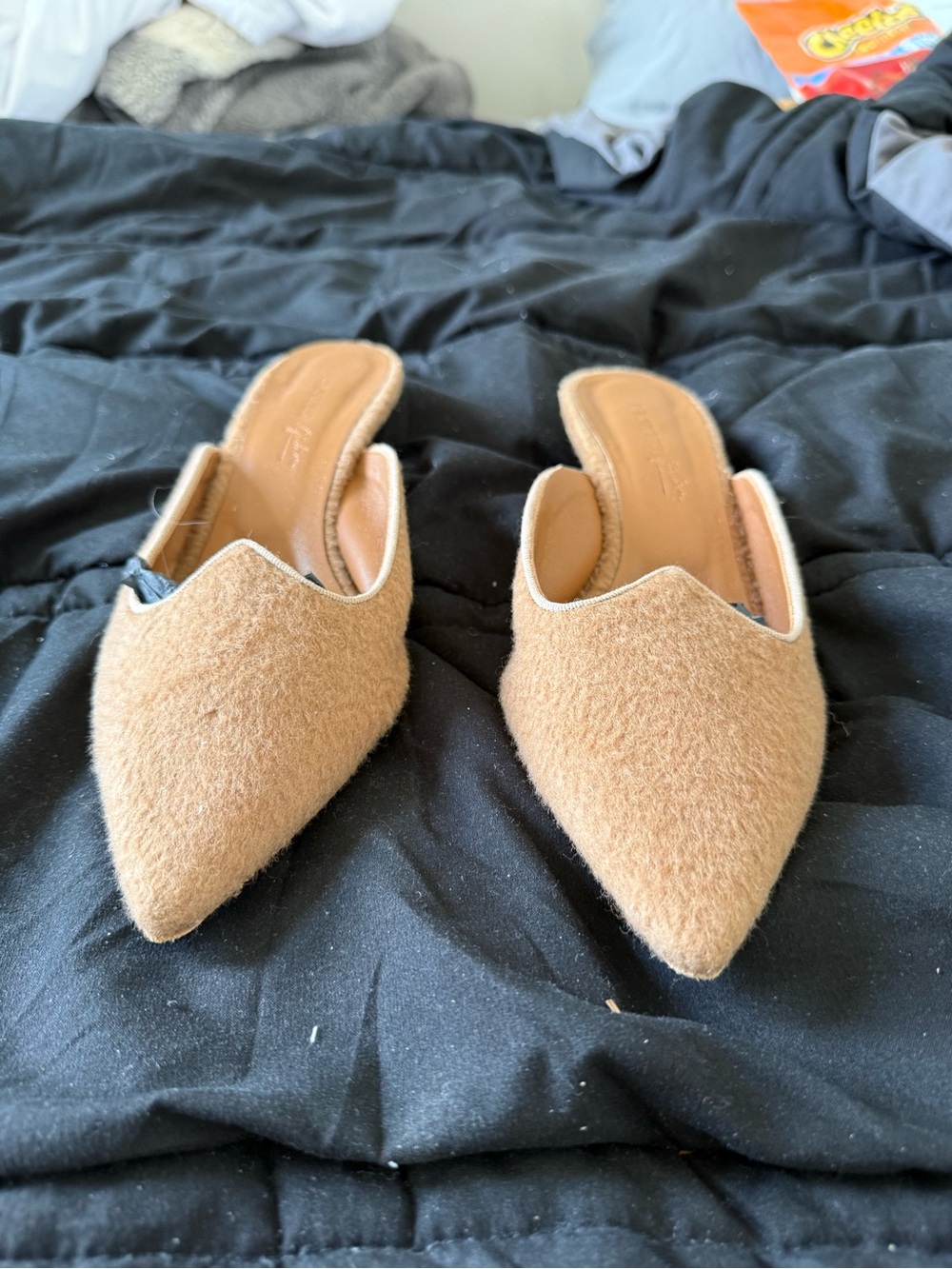 Pointed Tan Slip-On Wool-Textured Mules